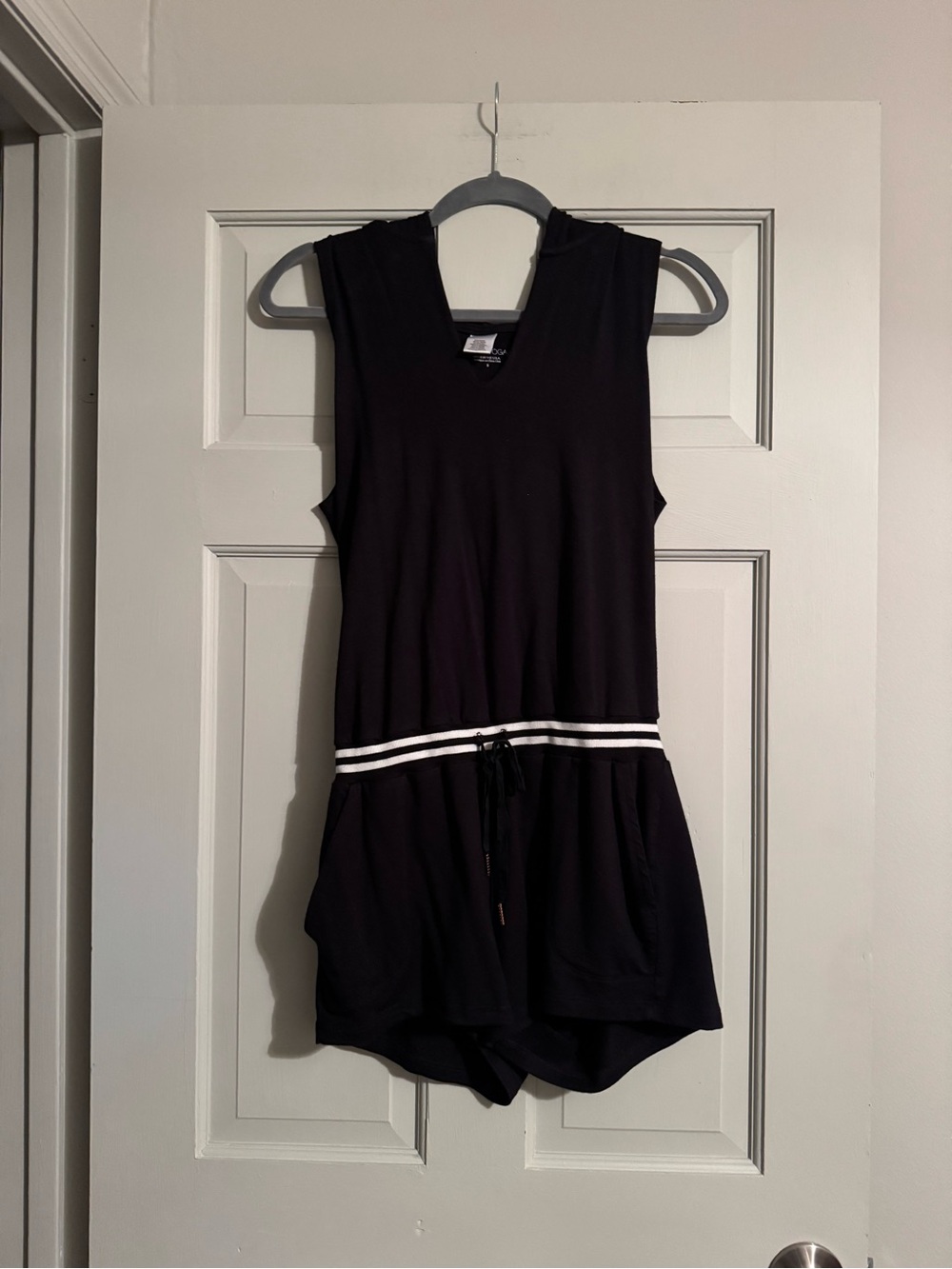 Beyond Yoga Black Sleeveless Hooded Romper with White Waist Stripes